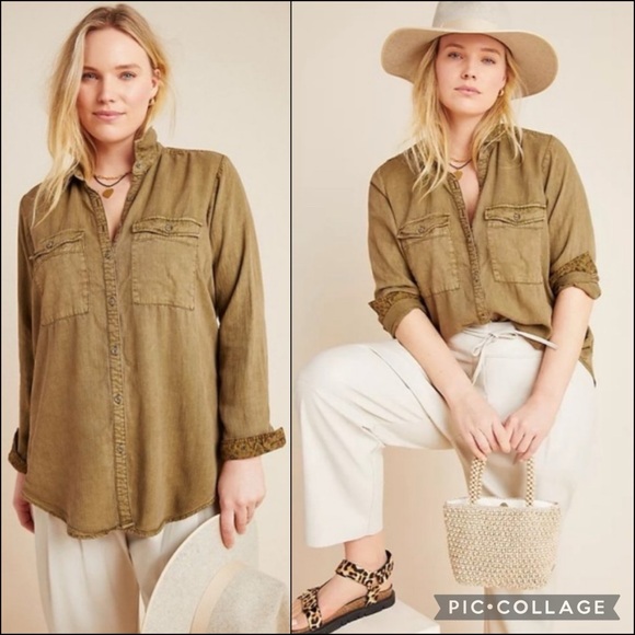Anthro Pilcro Olive Cargo Pocket Buttondown Shirt Top - Picture 1 of 13